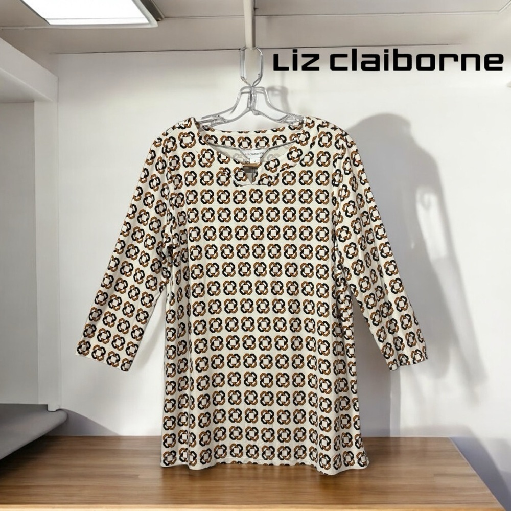 NEW, Liz Claiborne Patterned Top, Medium, White, Black & Tan